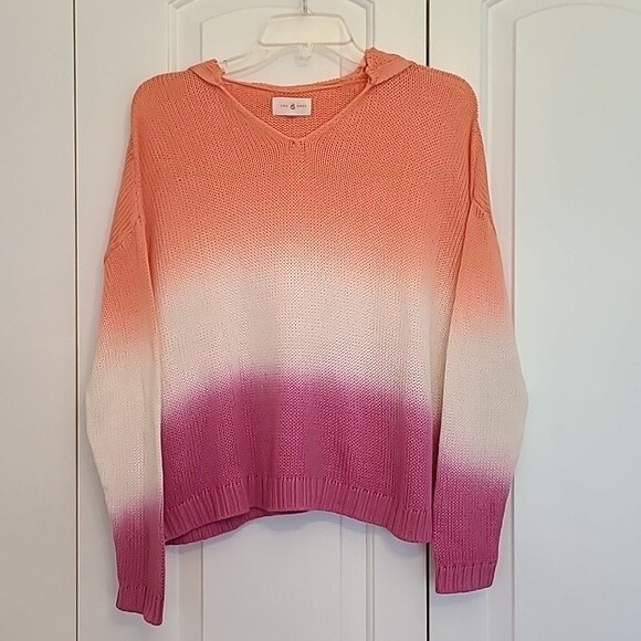 Lou & Grey Dip Dyed Pink & Orange Hooded Pull Over sweater Women’s Size small - Picture 2 of 9